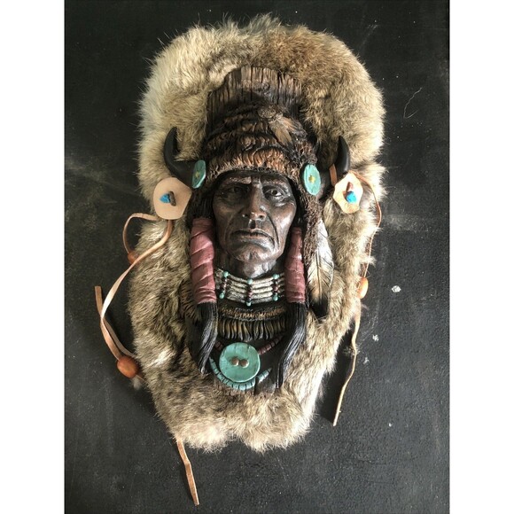 Vintage South Western Eagle Head Plaque Wall Decor Fur And Feather 12" X 6” - Picture 1 of 1